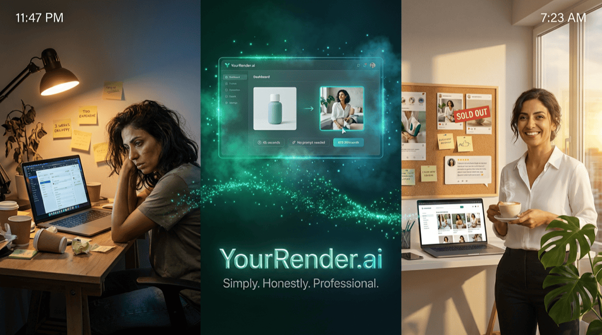 YourRender.ai Mission - Day and night split showing people working, with 'Simply. Honestly. Professional.' message