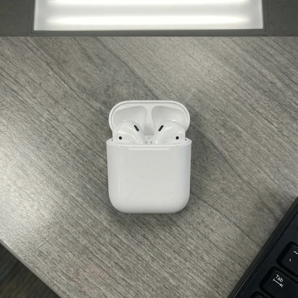Basic earbuds on gray surface